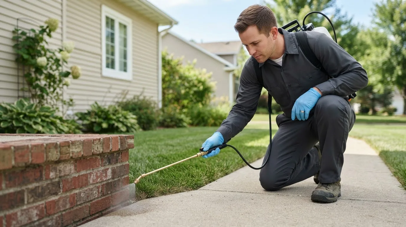 Pest control technician treating a home near Marionville, MO