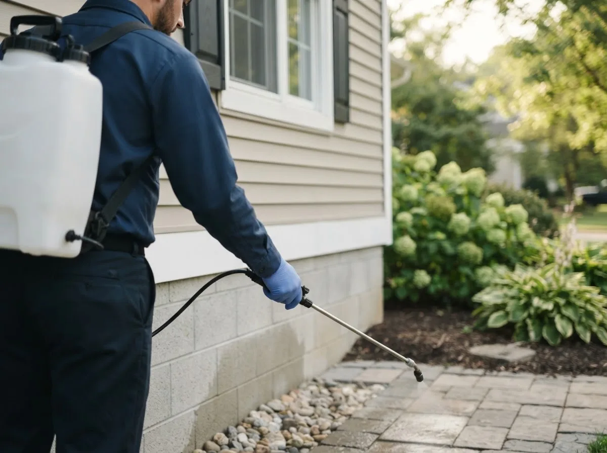 Pest control technician inspecting a home in Marionville, MO